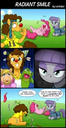 Size: 800x1540 | Tagged: safe, artist:uotapo, derpibooru import, cheese sandwich, maud pie, pinkie pie, pony, cheesepie, clown nose, comic, crossover, female, internal laughing, kermit the frog, laughing, male, miss piggy, shipping, silly, silly pony, sparklers, straight, sweat, the muppets, underhoof
