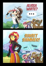 Size: 1024x1449 | Tagged: safe, artist:nauth, derpibooru import, sunset shimmer, oc, oc:alissa, earth pony, pegasus, pony, equestria girls, ..., female, hilda, male, mare, meme, plot, pokémon, reaction guys, stallion