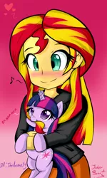 Size: 1200x2000 | Tagged: safe, artist:thearcano13, derpibooru import, sunset shimmer, twilight sparkle, pony, equestria girls, blushing, cross-eyed, cute, female, happy, heart, hnnng, holding a pony, lesbian, looking up, mane bite, music notes, nom, pony pet, shimmerbetes, shipping, simple background, smiling, sunsetsparkle, twiabetes, weapons-grade cute