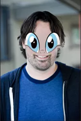 Size: 605x901 | Tagged: 1000 years in photoshop, creepy, derpibooru import, human, irl, irl human, m.a. larson, morph, photo, photoshop, pony eyes, safe, solo, wat, why