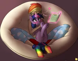 Size: 2813x2230 | Tagged: safe, artist:captainpudgemuffin, derpibooru import, daring do, rainbow dash, twilight sparkle, twilight sparkle (alicorn), human, pony, blushing, book, clothes, cuddling, cute, dashabetes, female, human on pony snuggling, humanized, interspecies, kissing, lesbian, pajamas, pony pet, rainbow socks, shipping, smooch, snuggling, socks, striped socks, twiabetes, twidash, underhoof, weapons-grade cute