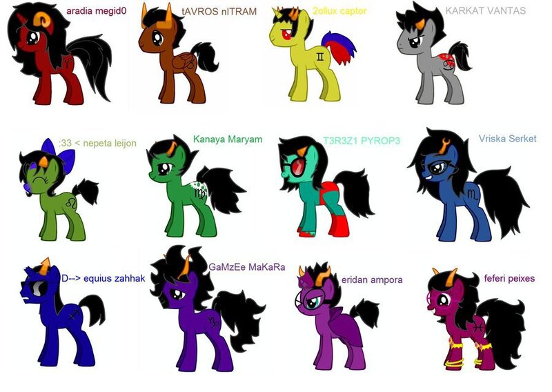 Size: 900x639 | Tagged: safe, derpibooru import, ponified, alicorn, pony, pony creator, aradia megido, clothes, equius zahhak, eridan ampora, feferi peixes, glasses, hair bow, homestuck, horns, image, jpeg, kanaya maryam, nepeta leijon, sollux captor, tavros nitram, terezi pyrope, troll, trolling, vriska serket