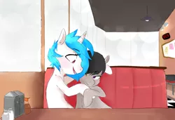 Size: 1314x899 | Tagged: safe, artist:perfect-sloth, derpibooru import, octavia melody, vinyl scratch, fanfic:university days, cuddling, diner, female, lesbian, scratchtavia, shipping, snuggling