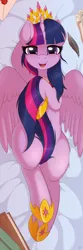 Size: 733x2200 | Tagged: safe, artist:ratofdrawn, derpibooru import, twilight sparkle, twilight sparkle (alicorn), alicorn, pony, bed, belly button, blushing, body pillow, body pillow design, book, covering, crown, feather, female, jewelry, letter, looking at you, mare, on bed, open mouth, pretty, princess shoes, regalia, solo, tail covering