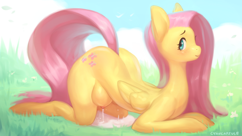 Size: 2000x1125 | Tagged: questionable, artist:cyancapsule, derpibooru import, fluttershy, pony, semi-anthro, bipedal, breast milk, crotchboobs, excessive milk, female, grass, incorrect leg anatomy, lactation, leaking, long tail, milk, milk squirt, nipples, nudity, outdoors, puddle, solo, solo female