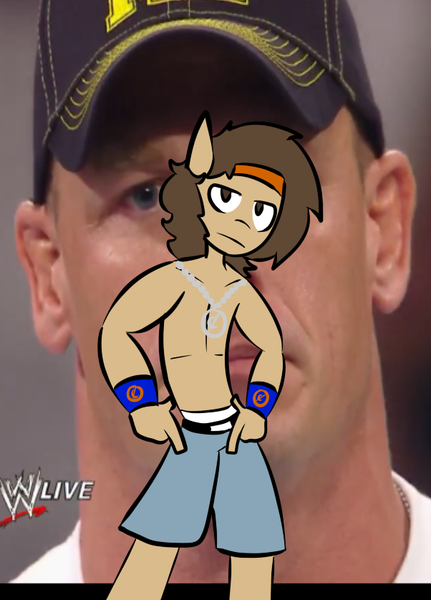 Size: 602x838 | Tagged: safe, artist:asktenderlove, derpibooru import, oc, oc:cinnamon buns, unofficial characters only, anthro, bare chest, clothes, cosplay, john cena, potato salad, solo, topless, wrestling