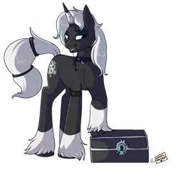 Size: 700x678 | Tagged: suggestive, artist:lulubell, derpibooru import, oc, oc:icicle night, unofficial characters only, pony, unicorn, bedroom eyes, chest, collar, grin, key, male, mouth hold, simple background, solo, stallion, transparent background, unshorn fetlocks