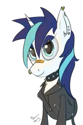 Size: 803x1200 | Tagged: safe, artist:saine grey, derpibooru import, shining armor, pony, unicorn, bandaid, choker, clothes, earring, eye ring, female, gleaming shield, leather, leather jacket, nose ring, piercing, punk, rule 63, solo, spiked choker, studs