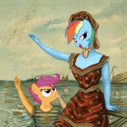 Size: 468x468 | Tagged: album cover, crossover, derpibooru import, edit, in the aeroplane over the sea, neutral milk hotel, rainbow dash, safe, scootaloo, wat