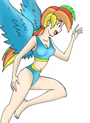 Size: 1024x1400 | Tagged: safe, artist:koku-chan, derpibooru import, rainbow dash, human, pegasus, pony, barefoot, belly button, bikini, cleavage, clothes, earring, feet, female, humanized, midriff, piercing, solo, swimsuit, teenager, winged humanization