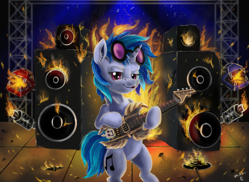 Size: 3685x2700 | Tagged: safe, artist:vittorionobile, derpibooru import, vinyl scratch, pony, bipedal, fire, glasses, guitar, solo, speakers, stage