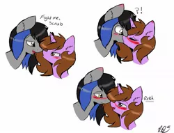 Size: 1021x782 | Tagged: safe, artist:doodlehorse, derpibooru import, oc, oc:doodle, oc:string strummer, unofficial characters only, earth pony, pony, unicorn, bedroom eyes, blushing, boop, comic, couple, cute, doodlestrumer, ear fluff, exclamation point, eye contact, female, frown, get rekt, glare, grumpy, interrobang, kissing, lidded eyes, male, mare, nose wrinkle, noseboop, pouting, question mark, rekt, scrub, simple background, smiling, smirk, stallion, straight, surprise kiss, surprised, white background, wide eyes