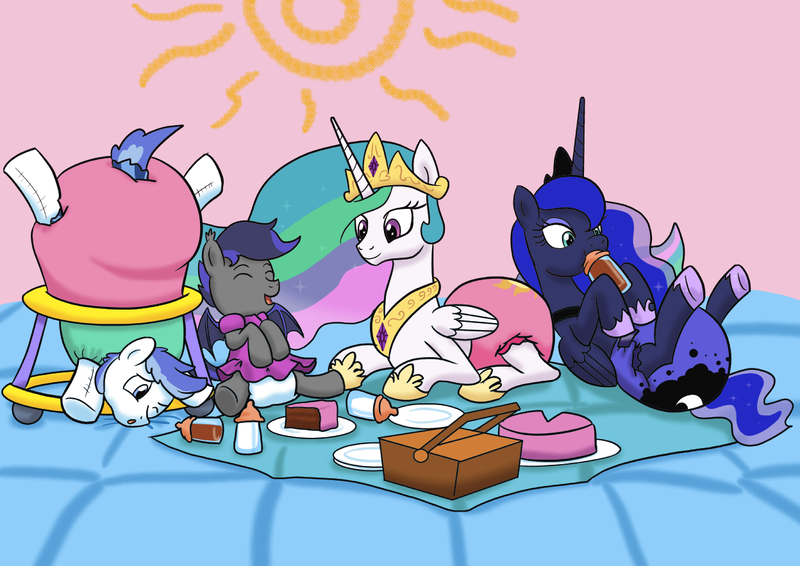 Size: 1248x883 | Tagged: questionable, artist:artiecanvas, derpibooru import, princess celestia, princess luna, oc, oc:black, oc:white, bat pony, pony, baby bottle, baby walker, clothes, diaper, diaper fetish, dress, picnic, poofy diaper, upside down