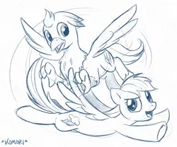 Size: 3250x2700 | Tagged: artist:chaoskomori, classical hippogriff, commission, derpibooru import, flying, hippogriff, monochrome, non-pony oc, oc, oc:silver quill, rainbow dash, safe, sketch