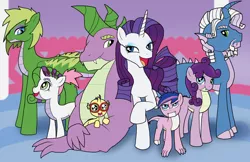 Size: 1024x663 | Tagged: safe, artist:bico-kun, derpibooru import, rarity, spike, oc, oc:celerity, oc:clawed, oc:fang, oc:hilarity, oc:pointdexter, oc:verity, dracony, hybrid, alternate hairstyle, female, glasses, interspecies offspring, male, moustache, offspring, older, older spike, parent:rarity, parent:spike, parents:sparity, shipping, sparity, straight