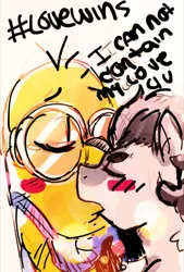 Size: 542x800 | Tagged: artist:smiley, blushing, colored, crack shipping, crossover, derpibooru import, kissing, lovewins, meme, minion, oc, oc:grayscale, pride, safe, shipping, sketch, unofficial characters only