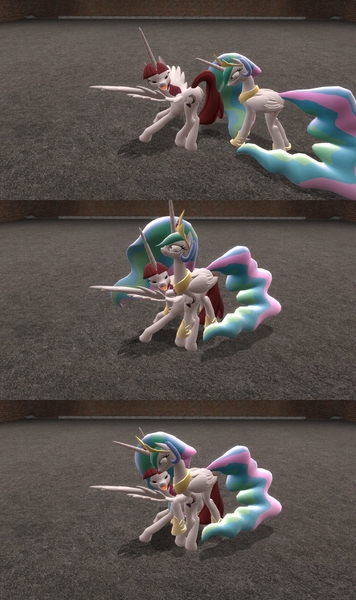 Size: 1600x2699 | Tagged: 3d, derpibooru import, gmod, insanity, oc, oc:fausticorn, princess celestia, suggestive