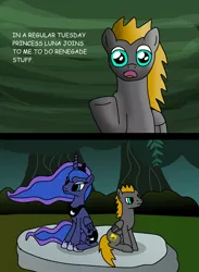 Size: 1024x1400 | Tagged: artist:platinumdrop, comic, derpibooru import, everfree forest, oc, oc:platinumdrop, princess luna, renegade, safe, sitting