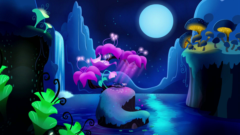 Size: 1920x1080 | Tagged: safe, derpibooru import, screencap, princess luna, alicorn, pony, do princesses dream of magic sheep, cute, dream, eyes closed, female, flower, giant flower, giant mushroom, glowing flower, glowing mushroom, luna's dream, mare, moon, mushroom, night, pond, prone, scenery, scenery porn, sleeping, solo, waterfall