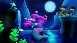 Size: 1920x1080 | Tagged: safe, derpibooru import, screencap, princess luna, alicorn, pony, do princesses dream of magic sheep, cute, dream, eyes closed, female, flower, giant flower, giant mushroom, glowing flower, glowing mushroom, luna's dream, mare, moon, mushroom, night, pond, prone, scenery, scenery porn, sleeping, solo, waterfall