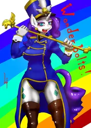 Size: 1000x1400 | Tagged: safe, artist:kenoi, derpibooru import, rarity, anthro, unicorn, ancient wonderbolts uniform, breasts, busty rarity, clothes, eyestrain warning, female, hat, needs more saturation, rainbow background, sgt. rarity, shako, style comparison, uniform