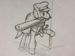 Size: 640x480 | Tagged: artist needed, chainsaw, comic:sunfall, derpibooru import, fallout equestria, /foe/, gun, monochrome, oc, oc:forage, safe, solo, source needed, traditional art, unofficial characters only