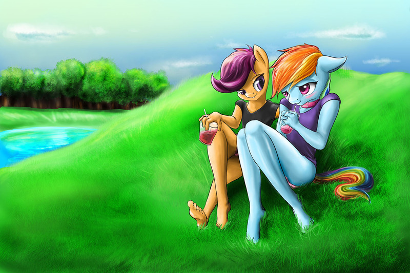 Size: 1500x1000 | Tagged: safe, artist:d-lowell, derpibooru import, rainbow dash, scootaloo, anthro, plantigrade anthro, barefoot, clothes, collar, drink, feet, female, grass, lesbian, panties, pink underwear, scootadash, shipping, tree, underwear, water