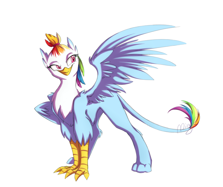 Size: 1600x1347 | Tagged: dead source, safe, artist:mingraine, derpibooru import, rainbow dash, gryphon, griffonized, hairband, rainbow griffon, simple background, smiling, solo, species swap, spread wings, topknot, transparent background