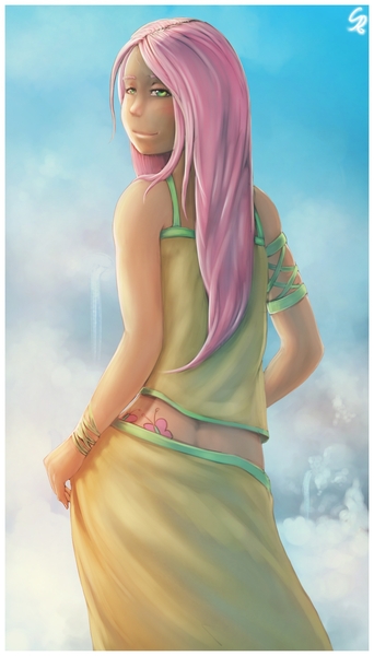 Size: 1110x1950 | Tagged: artist:somewhat redundant, clothes, derpibooru import, fluttershy, human, humanized, looking at you, looking back, safe, skirt, solo