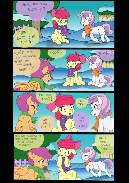 Size: 1280x1810 | Tagged: safe, artist:jeremy3, derpibooru import, apple bloom, scootaloo, sweetie belle, pony, comic:quest for apple bloom, clothes, cold, comic, cutie mark crusaders, dialogue, scarf, shivering, snow, winter