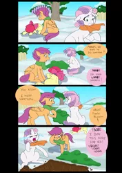 Size: 1280x1809 | Tagged: safe, artist:jeremy3, derpibooru import, apple bloom, scootaloo, sweetie belle, pony, comic:quest for apple bloom, clothes, comic, crying, cutie mark crusaders, dialogue, grave, ocular gushers, scarf, snow, sweetiedumb, winter