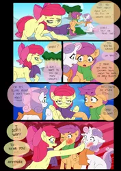 Size: 1024x1447 | Tagged: safe, artist:jeremy3, derpibooru import, apple bloom, scootaloo, sweetie belle, pony, comic:quest for apple bloom, apple bloom is not amused, clothes, comic, cross-popping veins, crying, cutie mark crusaders, dialogue, fed up, hoof in mouth, scarf, shivering, sick, snow, sweat, sweetiedumb, winter