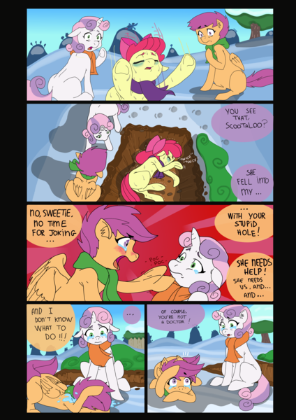 Size: 1600x2262 | Tagged: safe, artist:jeremy3, derpibooru import, apple bloom, scootaloo, sweetie belle, pony, comic:quest for apple bloom, clothes, comic, crying, cutie mark crusaders, dialogue, faint, grave, ocular gushers, scarf, sick, snow, sweat, twitching, winter, yamcha's death pose