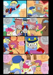 Size: 1600x2262 | Tagged: safe, artist:jeremy3, derpibooru import, apple bloom, derpy hooves, scootaloo, sweetie belle, pegasus, pony, comic:quest for apple bloom, clothes, comic, cutie mark crusaders, dialogue, female, mailmare, mare, property damage, scarf, sick, snow, socks, sweat, uniform, winter