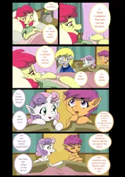 Size: 1024x1447 | Tagged: safe, artist:jeremy3, derpibooru import, apple bloom, derpy hooves, scootaloo, sweetie belle, pegasus, pony, comic:quest for apple bloom, argument, comic, crossed legs, cutie mark crusaders, equestria's best mother, female, hospital, iv drip, mailmare, mare