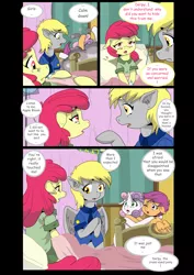 Size: 1600x2262 | Tagged: safe, artist:jeremy3, derpibooru import, apple bloom, derpy hooves, scootaloo, sweetie belle, pony, comic:quest for apple bloom, argument, ball of violence, bed, bipedal, comic, cutie mark crusaders, equestria's best mother, floppy ears, frown, hospital, hug, iv drip, mailmare, open mouth, sick, wide eyes, wink