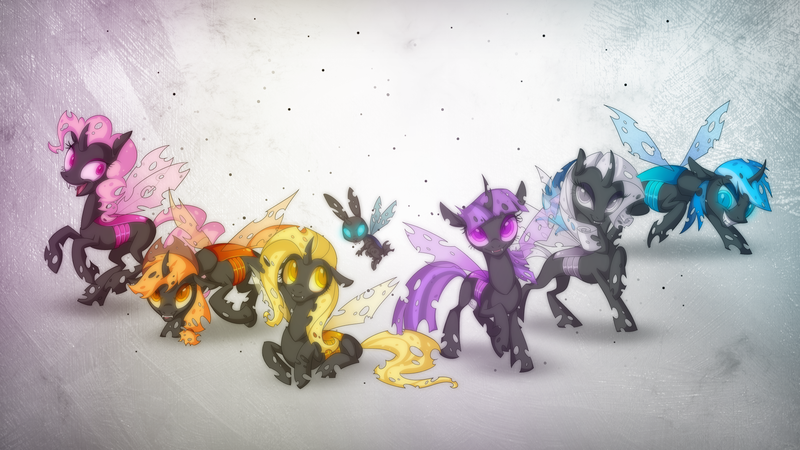 Size: 1920x1080 | Tagged: angel bunny, applejack, applejack's hat, artist:heilos, artist:romus91, blue changeling, changeling, changelingified, changeling mane six, changeling six, cowboy hat, dashling, derpibooru import, female, flutterling, fluttershy, hat, mane six, orange changeling, pink changeling, pinkie pie, purple changeling, rainbow dash, rarity, safe, species swap, stetson, twilight sparkle, wallpaper, white changeling, yellow changeling