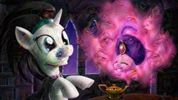 Size: 640x360 | Tagged: source needed, safe, artist:giantmosquito, derpibooru import, pinkie pie, oc, genie, pony, unicorn, deepdream, djinn, dream, lamp, surreal