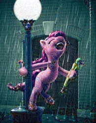 Size: 640x822 | Tagged: artist:giantmosquito, deepdream, derpibooru import, lamppost, pinkie pie, rain, safe, singing in the rain, solo, source needed, surreal, umbrella, wat, wet mane