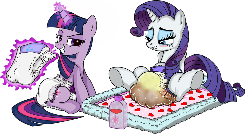 Size: 6437x3515 | Tagged: artist:jay dee, derpibooru import, diaper, diaper change, diaper fetish, foal powder, hypermess, messy diaper, poofy diaper, poop, questionable, rarity, scat, super crinkle pony adventure 64, twilight sparkle, urine, wet diaper