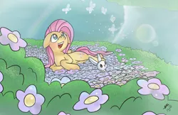 Size: 3315x2145 | Tagged: safe, artist:mrscurlystyles, artist:nayolfa, derpibooru import, angel bunny, fluttershy, butterfly, pony, collaboration, cute, dreamscape, dreamy, flower, flower field, flower patch, looking at something, looking up, lying down, open mouth, prone, river