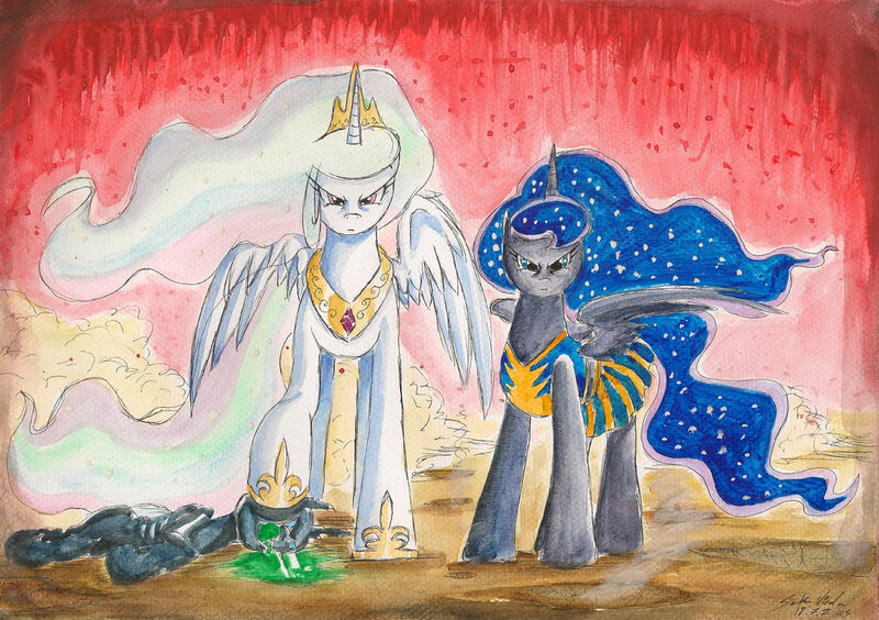 Size: 1024x722 | Tagged: angry, artist:souleatersaku90, blood, changeling, cheerleader outfit, death, derpibooru import, fanfic, fanfic art, green blood, grimdark, princess celestia, princess luna, the simple life, traditional art, watercolor painting