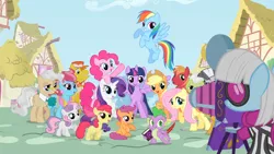 Size: 1920x1080 | Tagged: safe, derpibooru import, screencap, apple bloom, applejack, big macintosh, carrot cake, cup cake, fluttershy, granny smith, mayor mare, photo finish, pinkie pie, rainbow dash, rarity, scootaloo, snails, spike, sweetie belle, twilight sparkle, twilight sparkle (alicorn), zecora, alicorn, pony, zebra, season 4, camera, cutie mark crusaders, female, friendship journal, intro, mane seven, mane six, mare, ponyville, quill