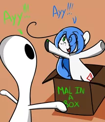 Size: 1200x1400 | Tagged: safe, artist:fullmetalpikmin, derpibooru import, oc, oc:mal, unofficial characters only, alien, pony, ayy lmao, bipedal, box, hair over one eye, open mouth, pony in a box, smiling, wide eyes