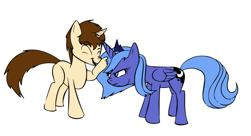 Size: 4346x2358 | Tagged: safe, artist:edcom02, derpibooru import, princess luna, ponified, alicorn, pony, unicorn, annoyed, chuckle, crossover, crossover shipping, pat, peter parker, s1 luna, simple background, spider-man, spiderluna, spiders and magic: rise of spider-mane, transparent background
