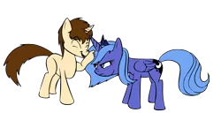 Size: 4346x2358 | Tagged: safe, artist:edcom02, derpibooru import, princess luna, ponified, alicorn, pony, unicorn, annoyed, chuckle, crossover, crossover shipping, pat, peter parker, s1 luna, simple background, spider-man, spiderluna, spiders and magic: rise of spider-mane, transparent background