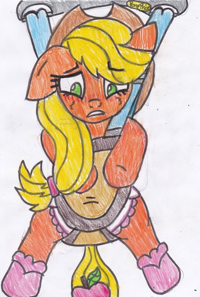 Size: 2337x3466 | Tagged: applejack, artist:cuddlelamb, baby bouncer, booties, derpibooru import, diaper, diaper fetish, pony price company, questionable, solo, traditional art