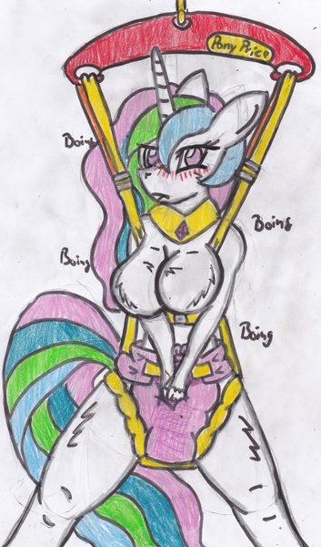 Size: 2041x3473 | Tagged: anthro, artist:cuddlelamb, baby bouncer, derpibooru import, diaper, diaper fetish, pony price company, princess celestia, questionable, solo, traditional art