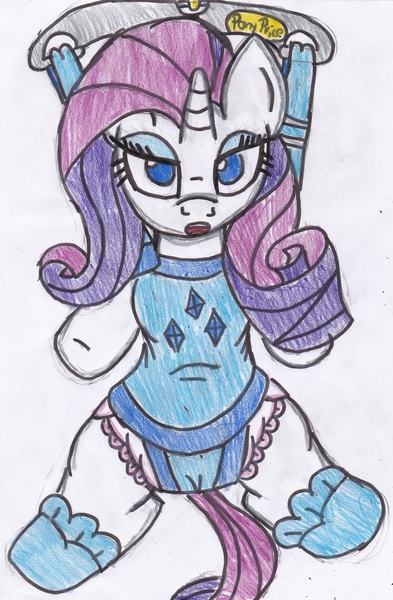 Size: 2277x3478 | Tagged: artist:cuddlelamb, baby bouncer, booties, derpibooru import, diaper, diaper fetish, pony price company, questionable, rarity, solo, traditional art