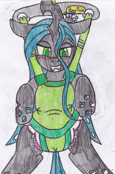 Size: 2313x3474 | Tagged: artist:cuddlelamb, baby bouncer, changeling, derpibooru import, diaper, diaper fetish, pony price company, queen chrysalis, questionable, solo, traditional art